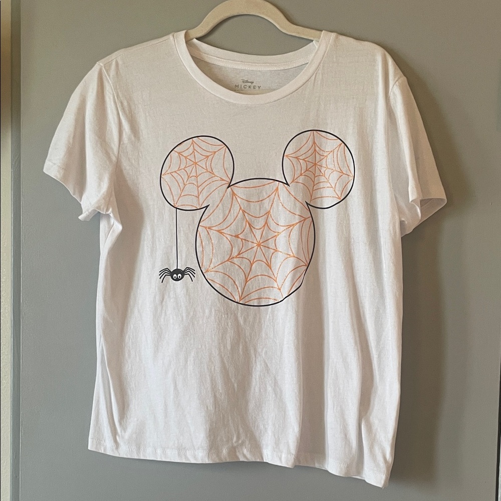 Disney White Tee with Orange Spiderweb Mickey Graphic Halloween